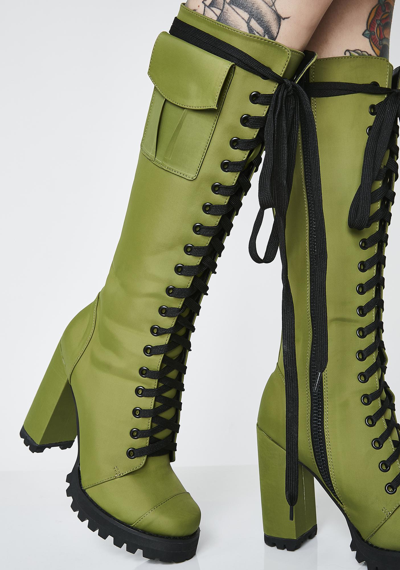 Knee High Green Lace Up Boots - Women 