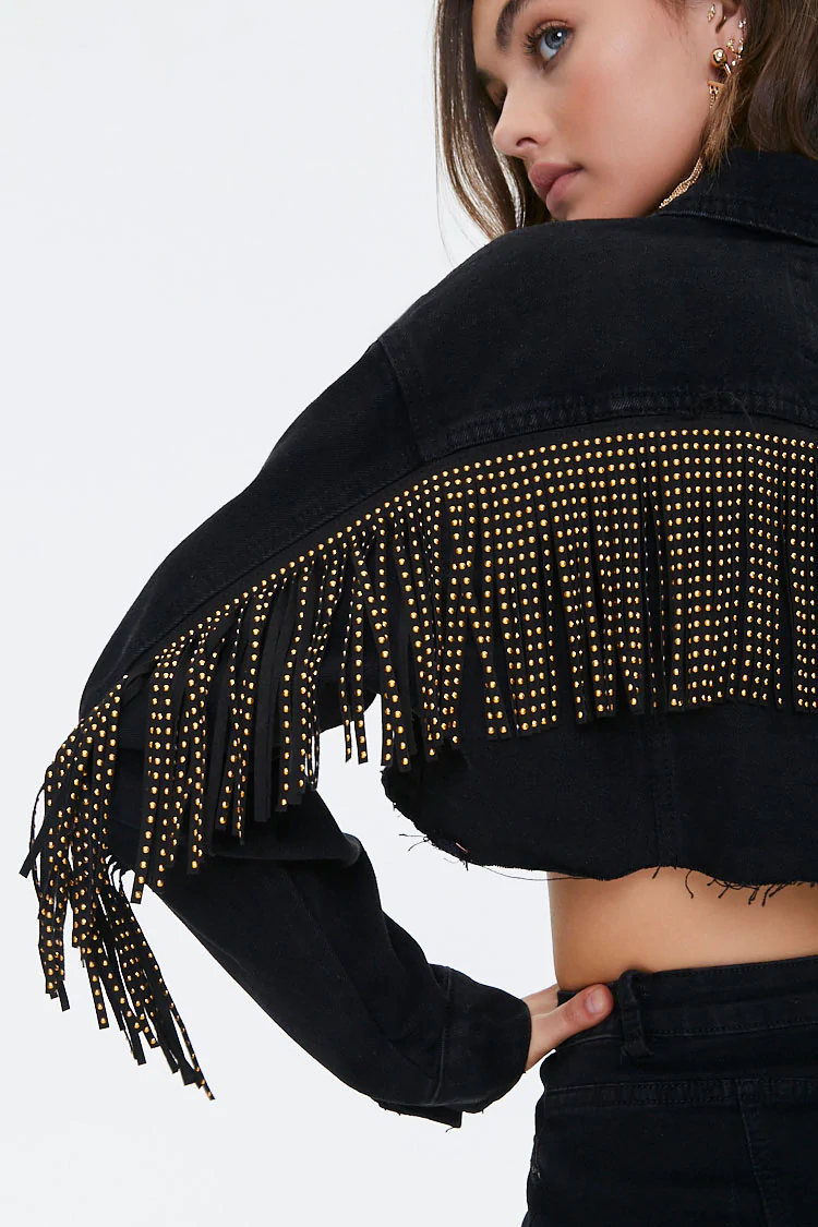 fringe denim jacket black
