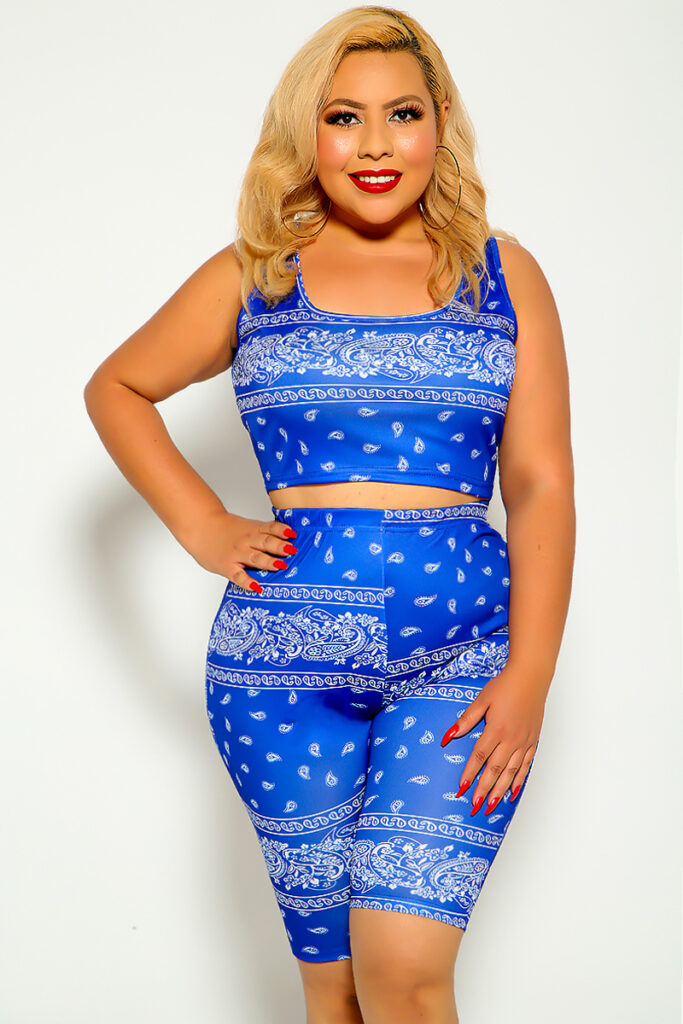 Blue Bandana Print Plus Size Two Piece Outfit - Women of Edm