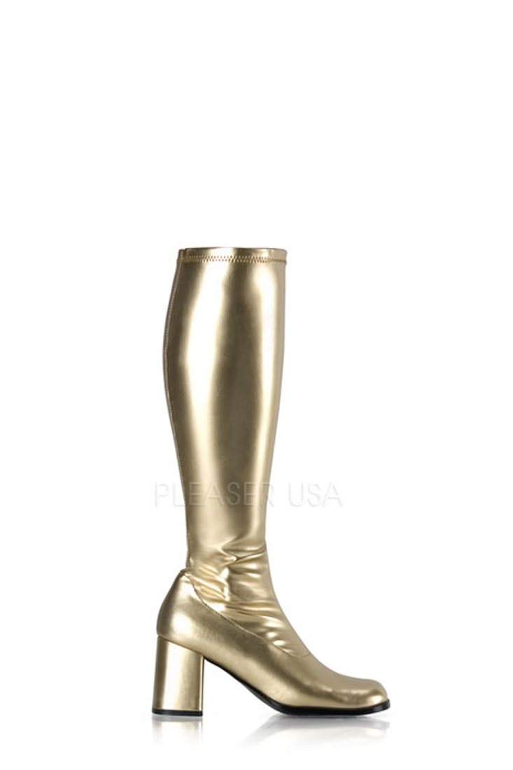 Gold Chunky Heel GoGo Boots Metallic Faux Leather - Women of Edm