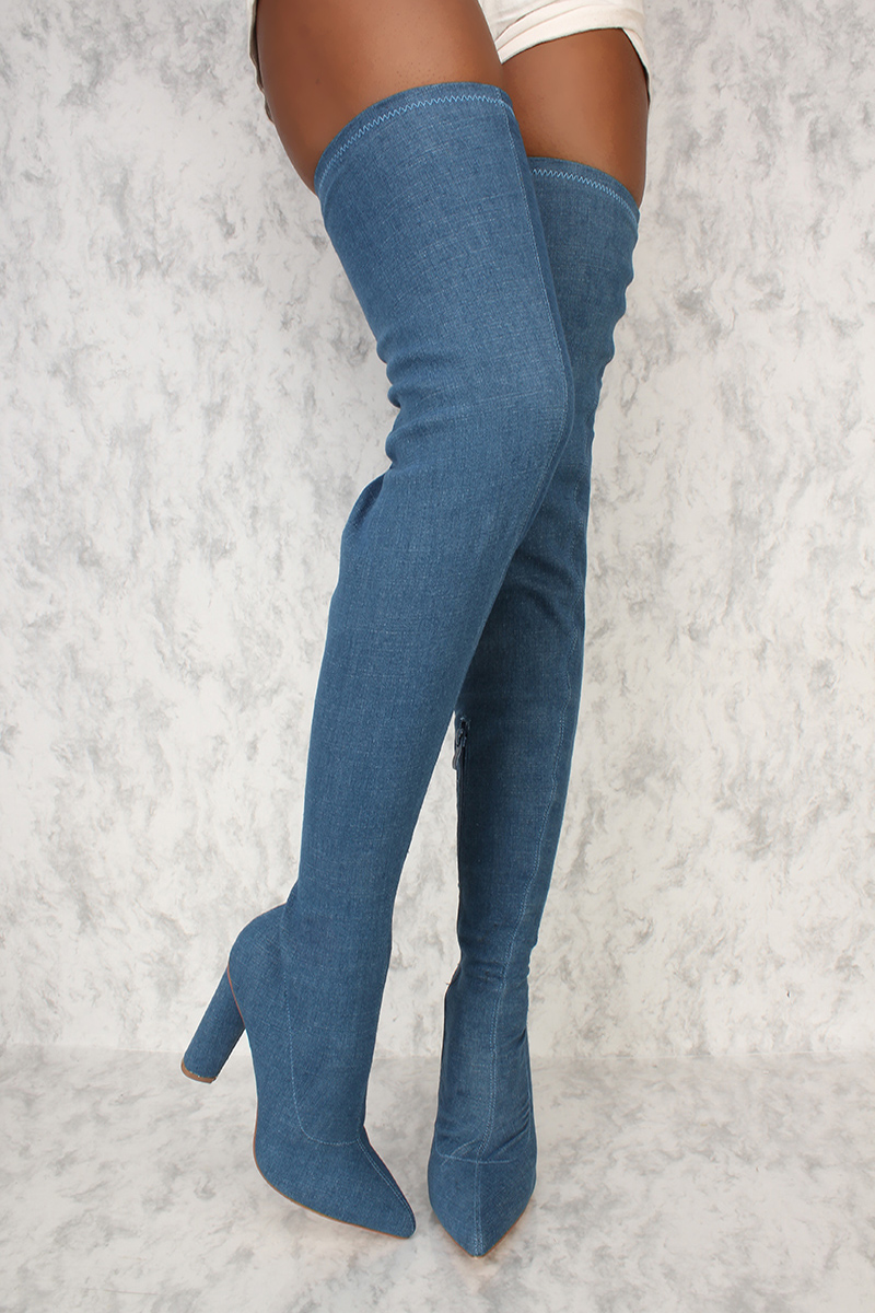 Dark Denim Pointy Toe Thigh High Chunky Round Heel Ami Clubwear Boots