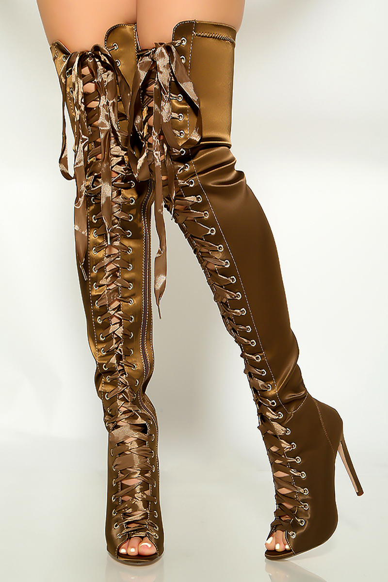 olive green peep toe thigh high boots