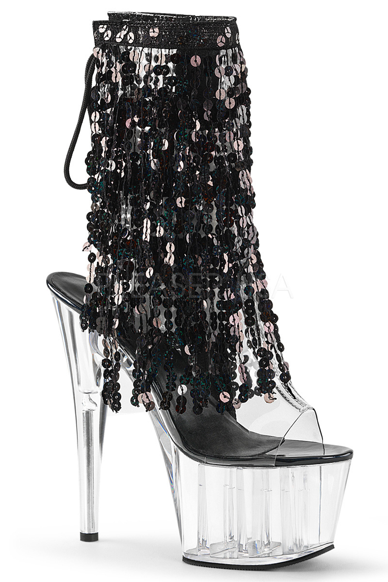 black high heels with fringe