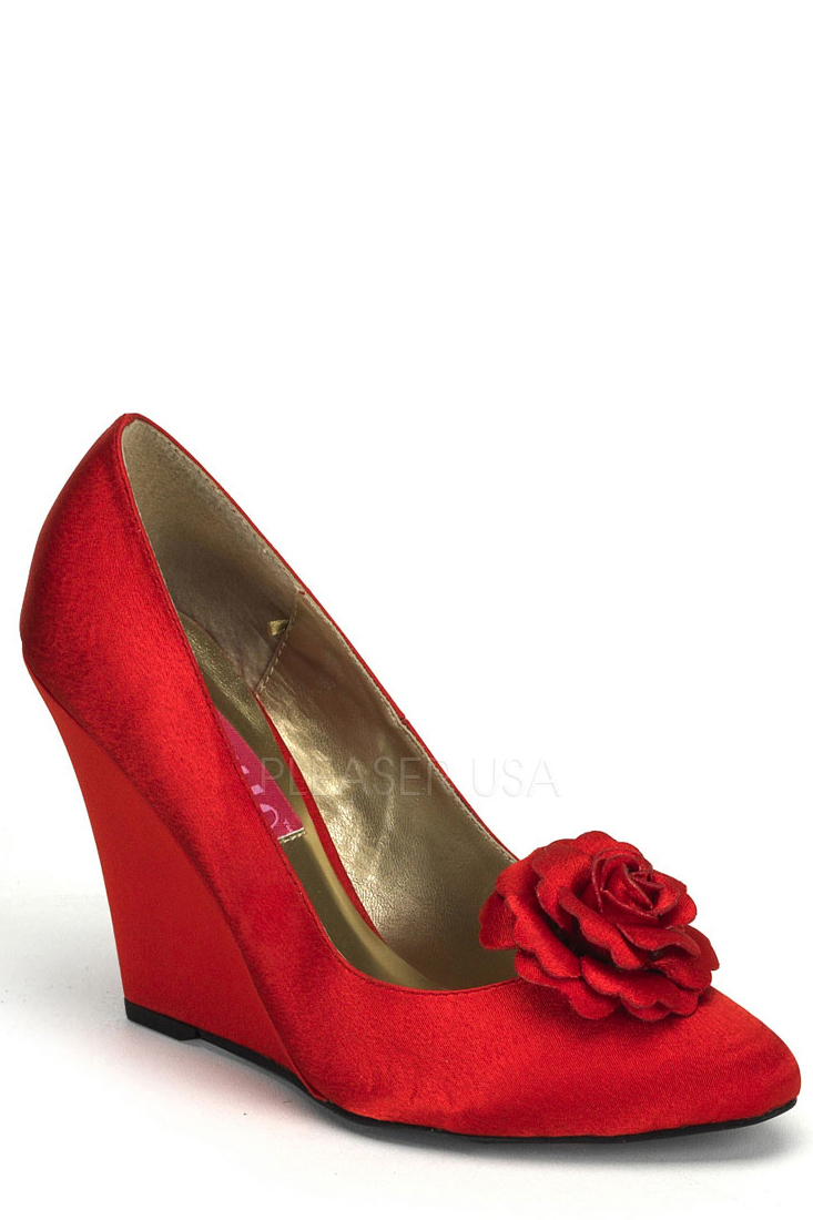 red satin wedges