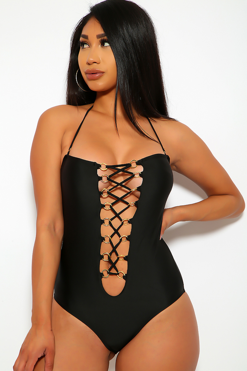 Sexy Black Lace Up Front Padded One Piece Bikini Women Of Edm