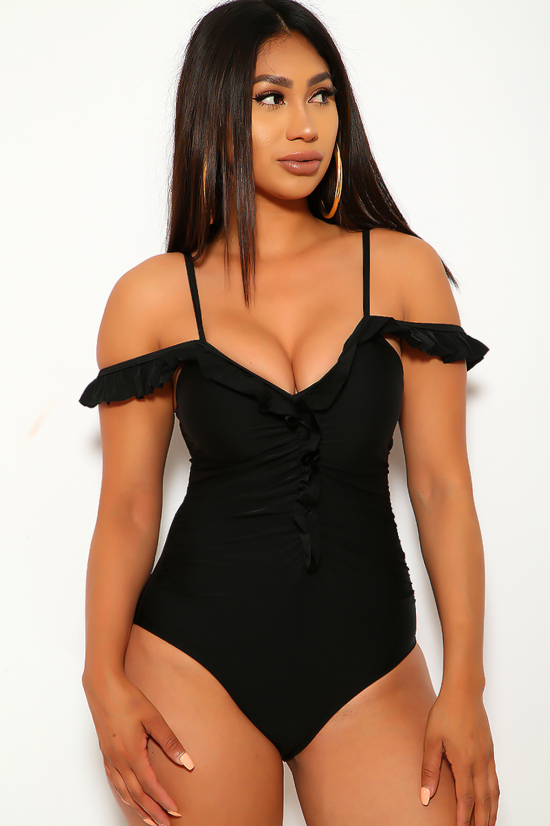 Sexy Black Ruffle Off Shoulders One Piece Swimsuit Women Of Edm
