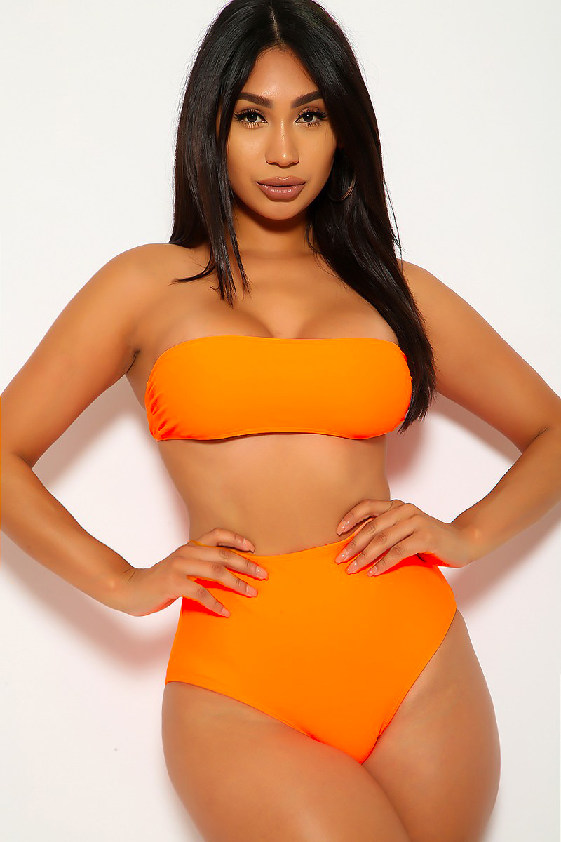 Neon Orange High Waist Bandeau Two Piece Swimsuit   Women Of Edm