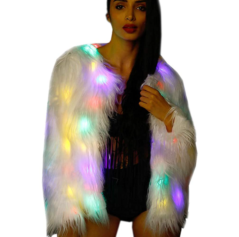 Flash Light LED Jacket Girls Faux Fur Light Up Rave Outwear - Women of Edm
