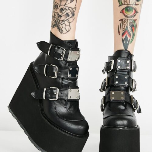 Black Patent PU Thick Sole Lace Up Boots - SOLD OUT - Women of Edm