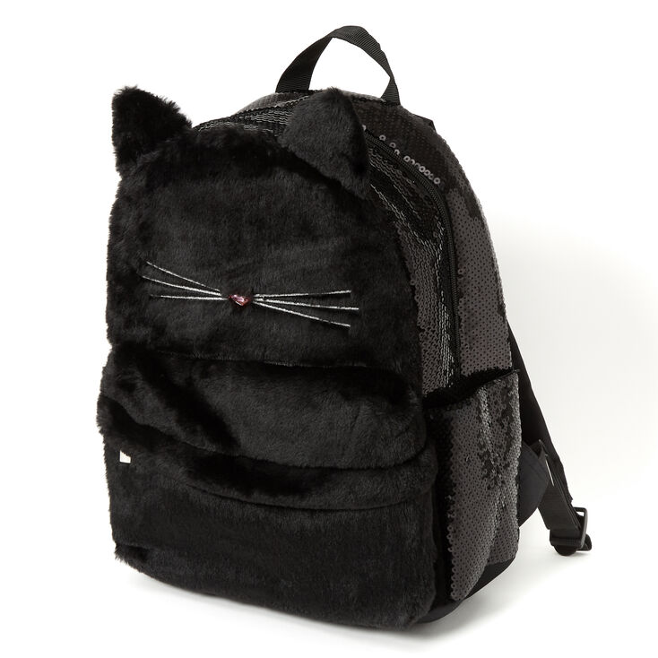 Plush Sequin Cat Medium Backpack - Black - Women of Edm