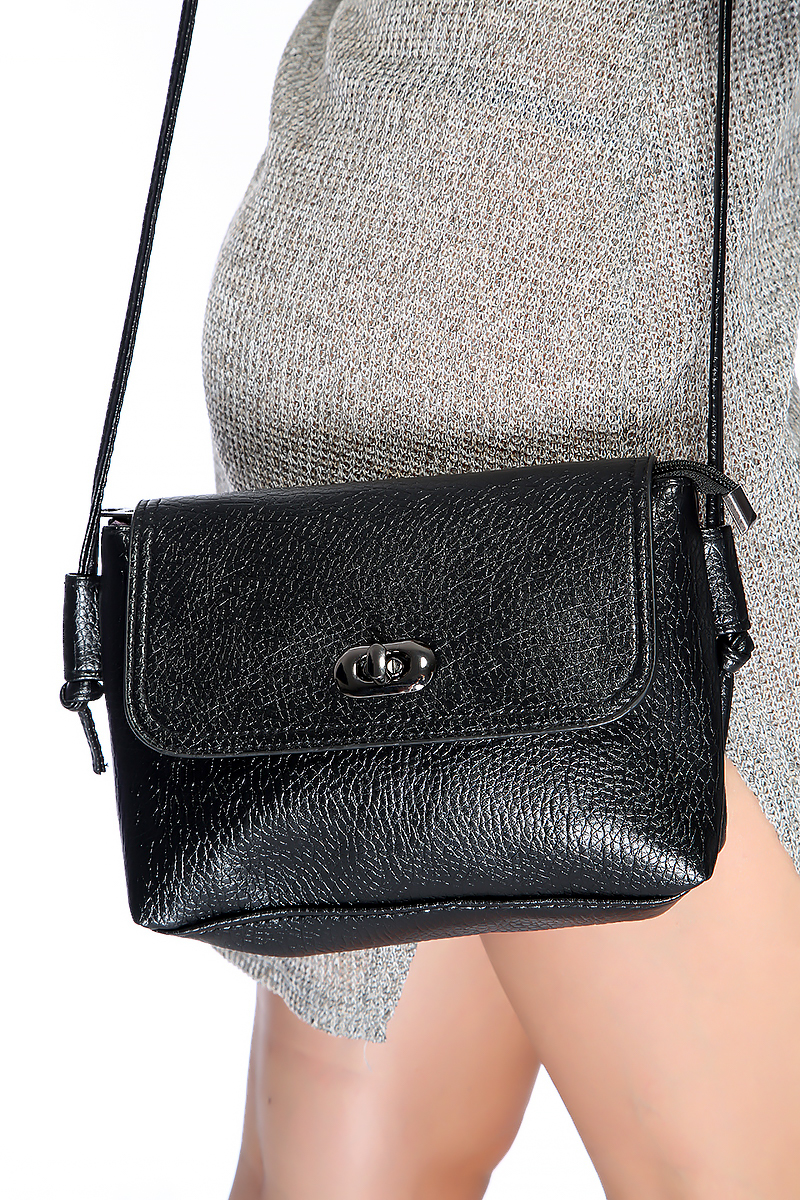 Black Faux Leather Mini Crossbody Handbag - Women of Edm
