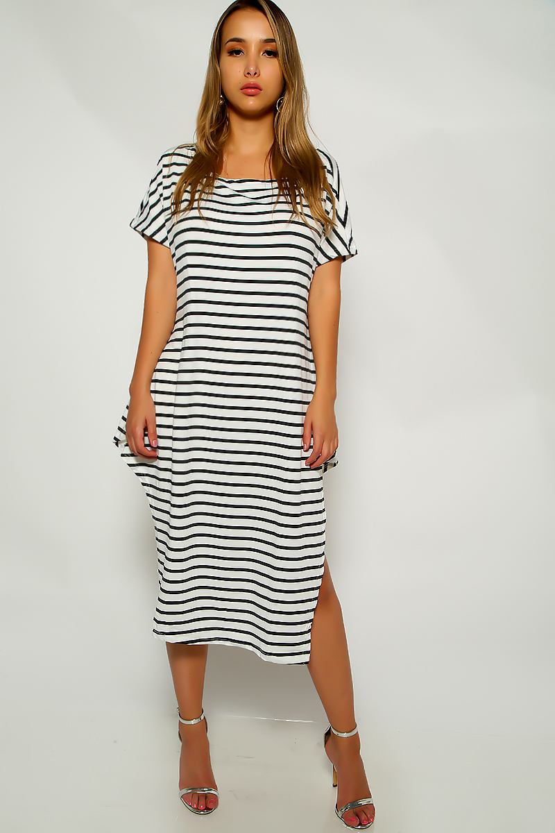 White Black Striped Midi Dress - Women of Edm