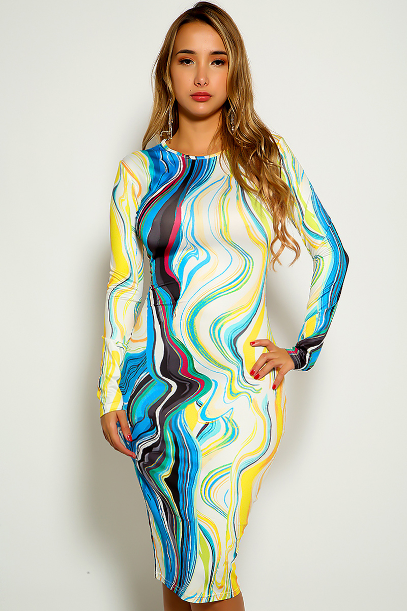 Blue Yellow Two Tone Long Sleeve Dress - Women of Edm