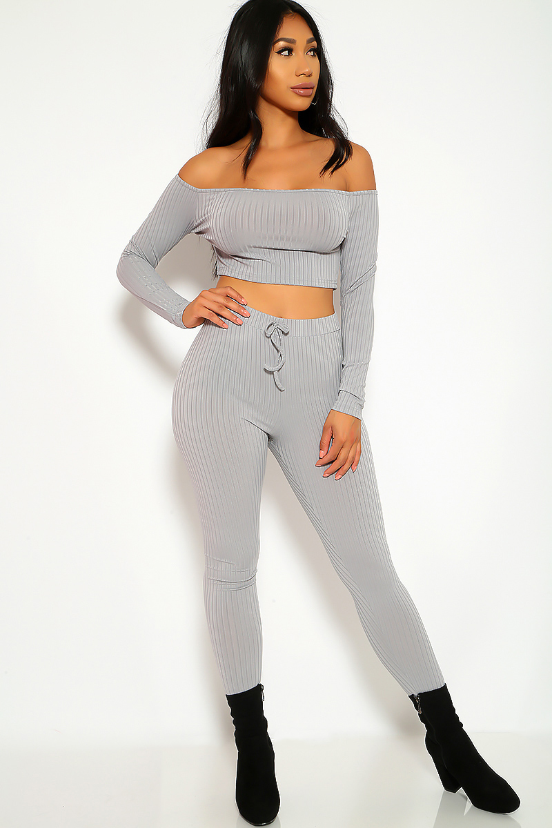 Sexy Grey Ribbed Off The Shoulders Cropped Casual Two Piece Outfit ...
