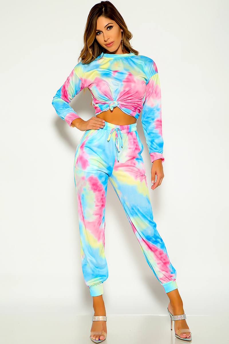 Blue Long Sleeve Tie Dye Two Piece Outfit - Women of Edm