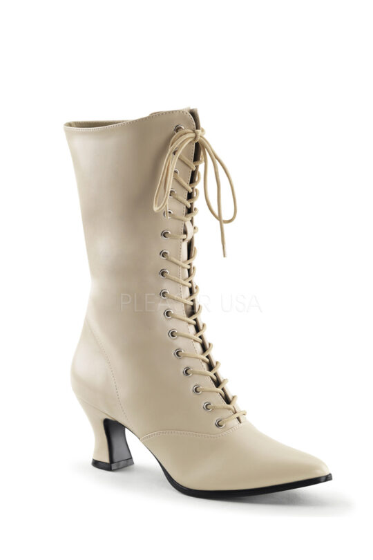 Cream Lace Up Mid Calf Victorian Boots Faux Leather - Women of Edm