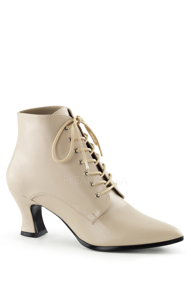 Cream Lace Up Victorian Ankle Booties Faux Leather - Women of Edm