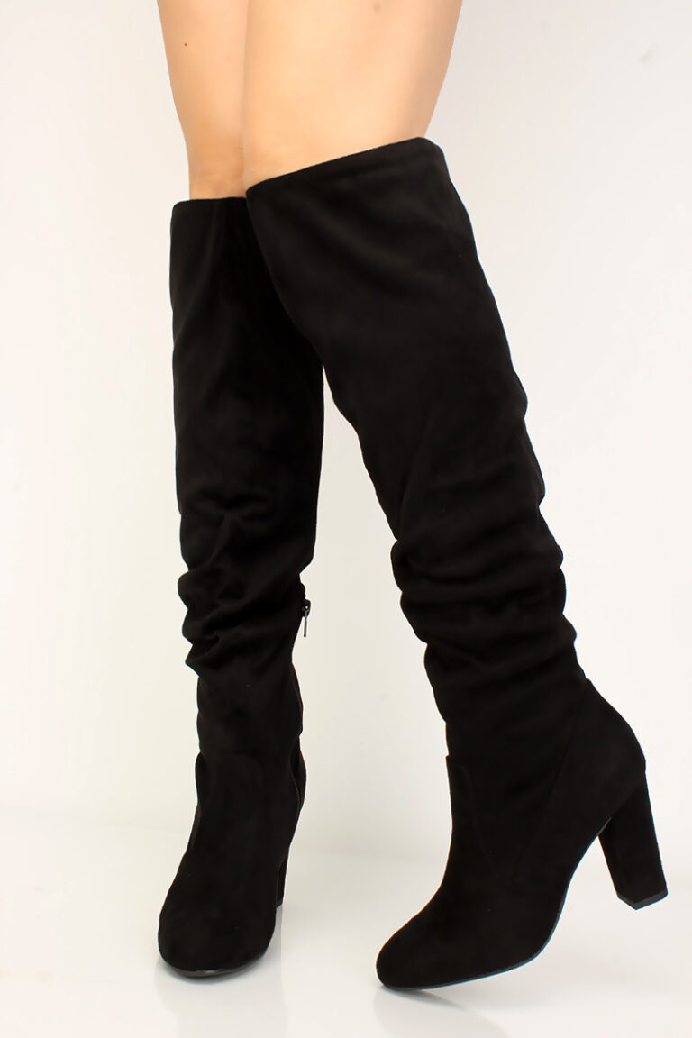 Black Ruched Faux Suede Chunky High Heel Boots - Women of Edm