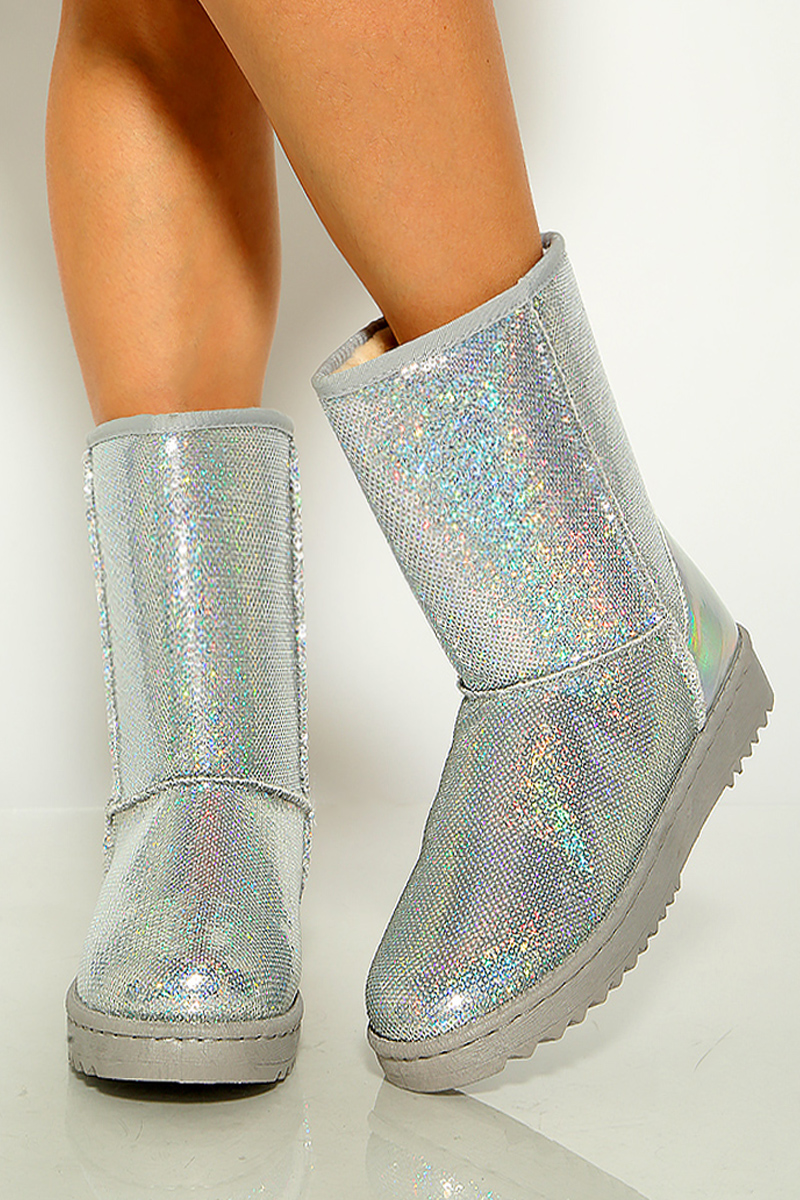 Silver Sequins Faux Fur Slip On Boots - Women of Edm