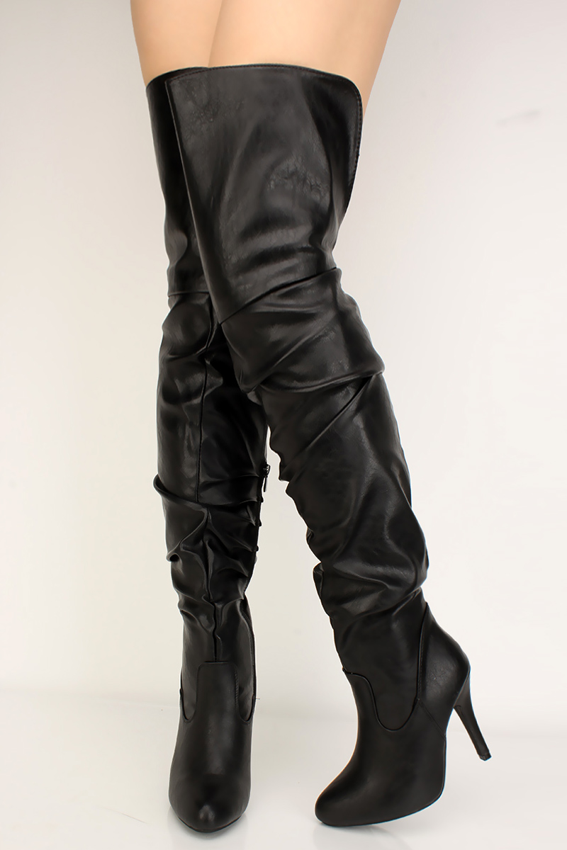 Black Thigh High Heel Slouchy Boots - Women of Edm
