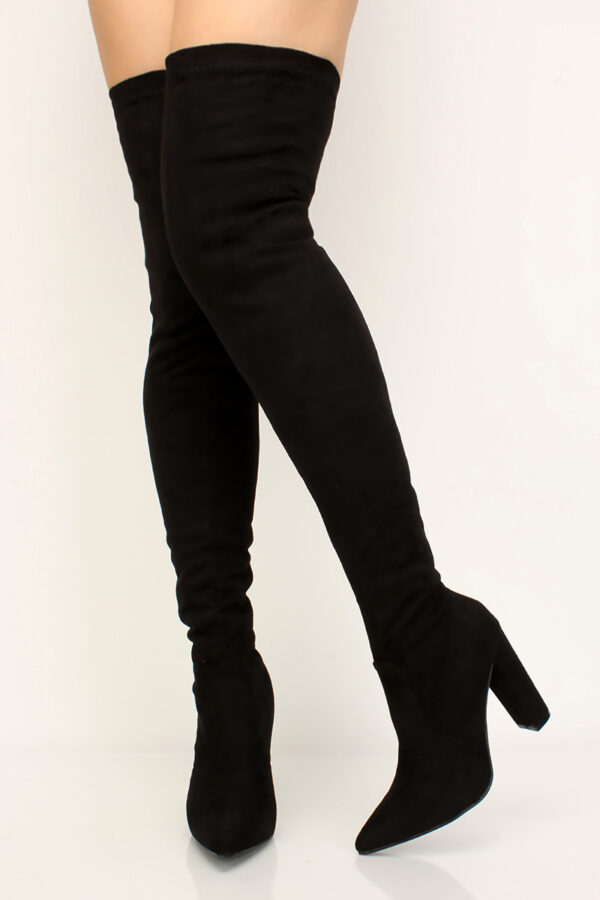 Black Faux Suede Pointy Toe Chunky Heel Thigh High Boots - Women of Edm