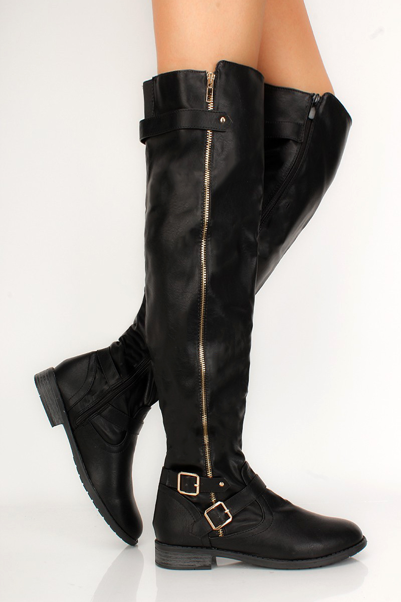 Sexy Black Buckle Flat Riding Boots Faux Leather - Women of Edm