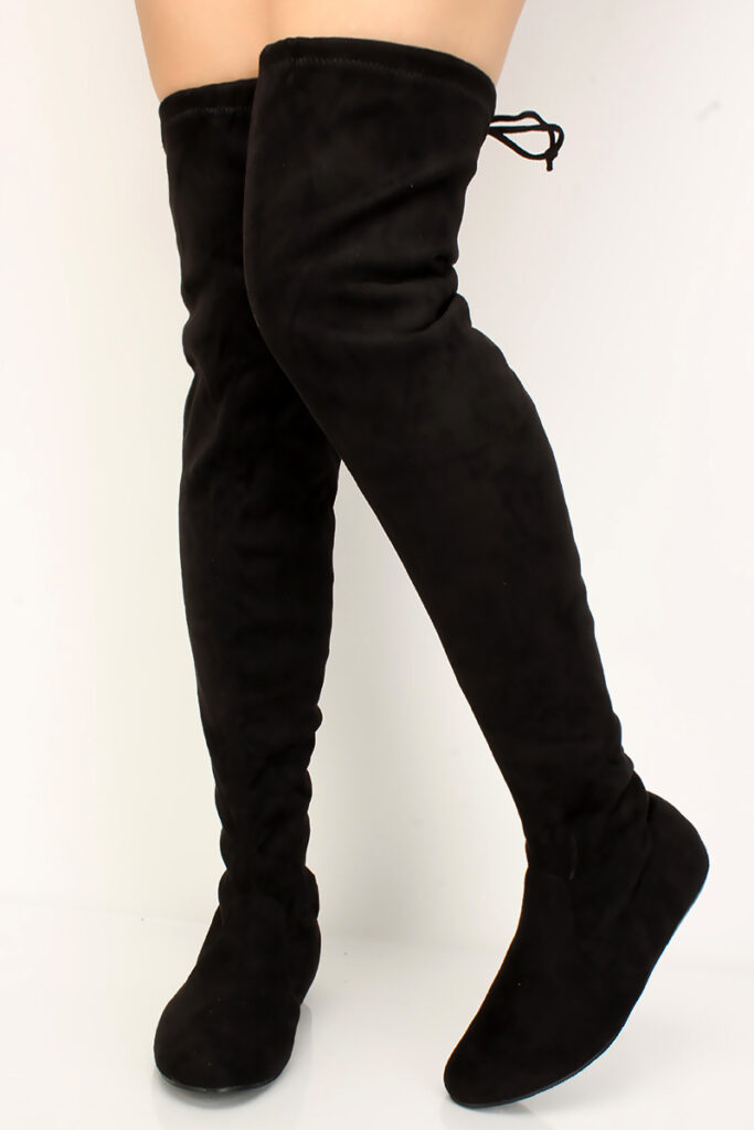 Black Faux Suede Flat Thigh High Boots - Women of Edm