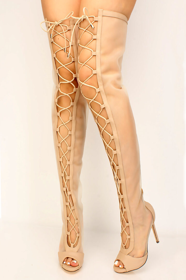 Nude Mesh Lace Up Thigh High Boots - Women of Edm