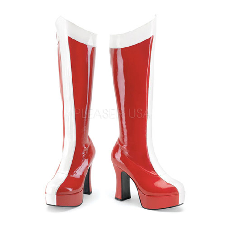 Red White Patent Two Tone Super Hero Boots - Women of Edm