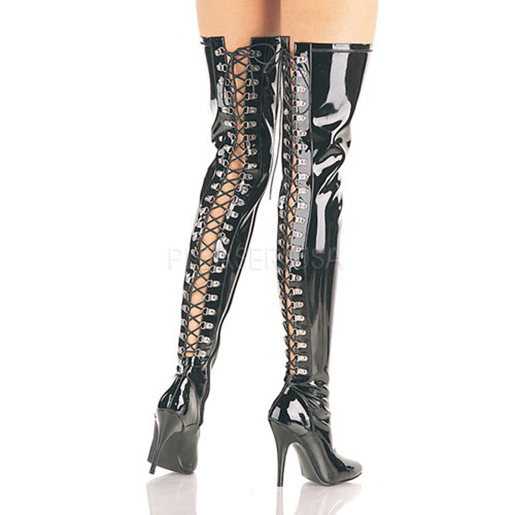 Black Corset Back Thigh High Boots Patent - Women of Edm