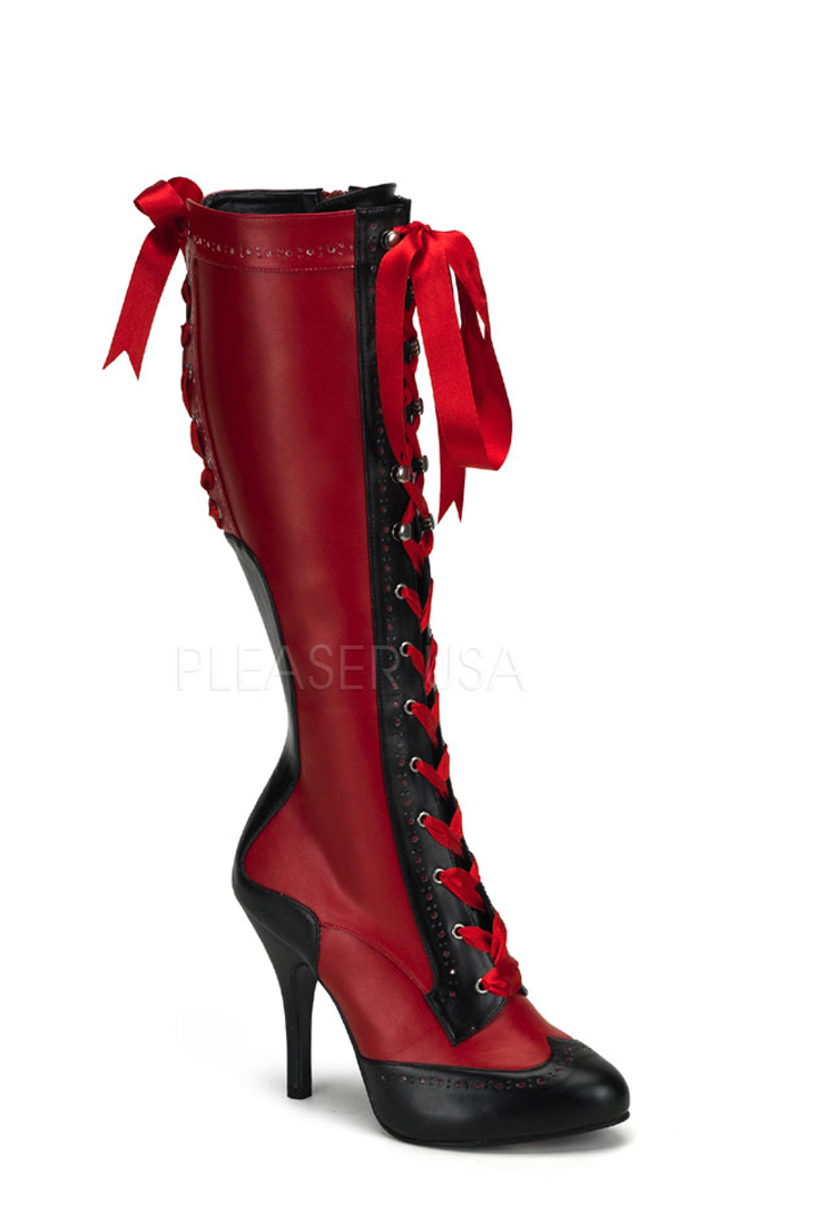 Red Black Two Tone Lace Up Boots Faux Leather - Women of Edm