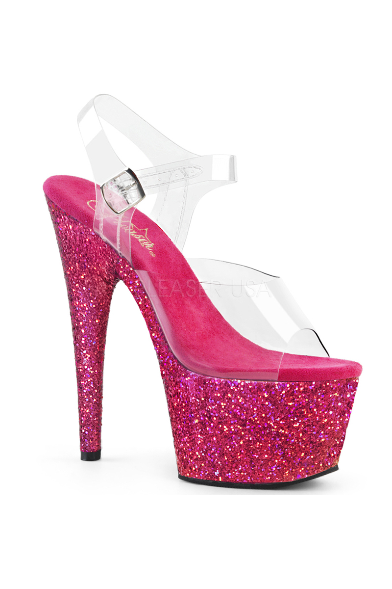 Raspberry Glitter Clear Holo Glitter Platform Pump Heels - Women of Edm