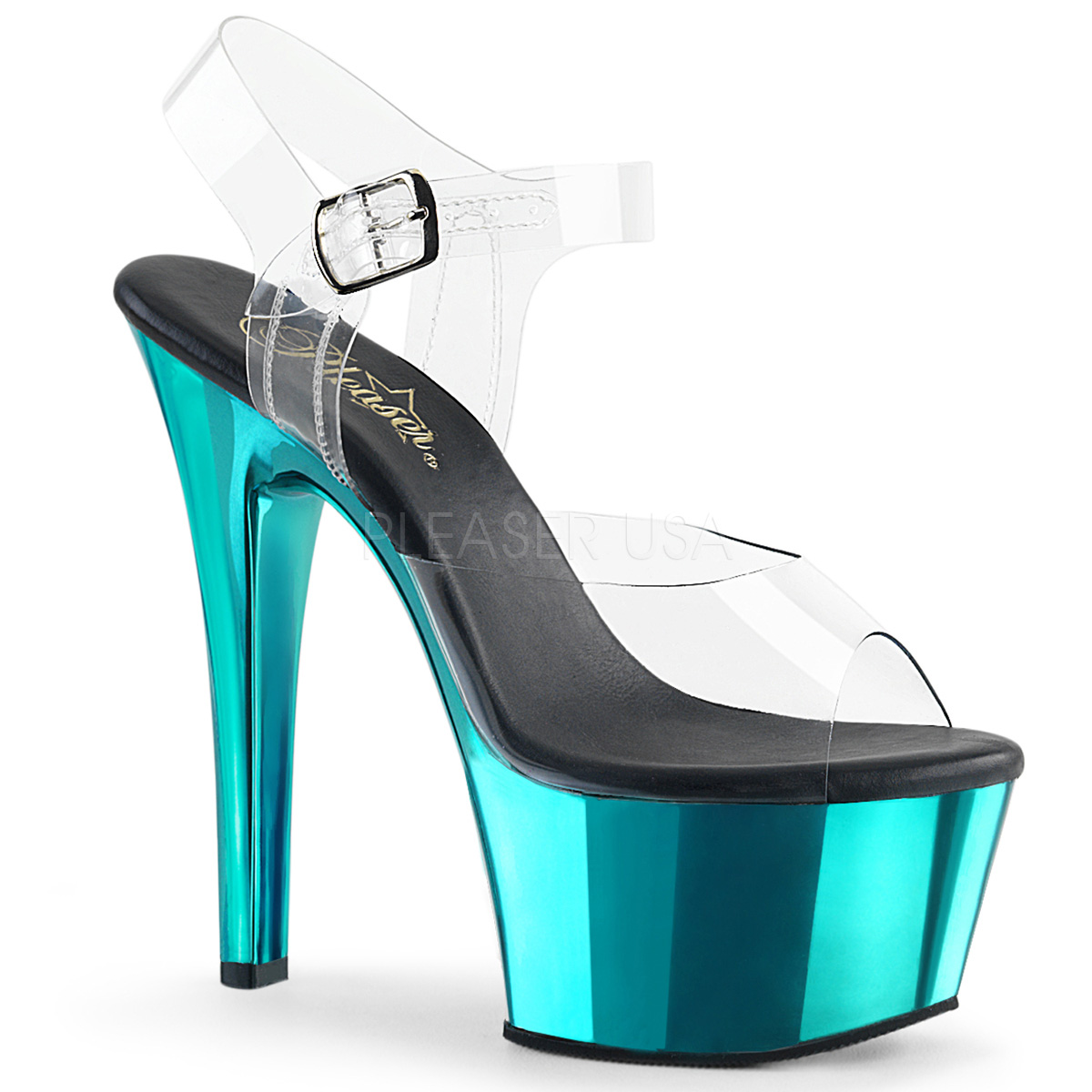 Turquoise Chrome Platform Peep Toe High Heels - Women of Edm