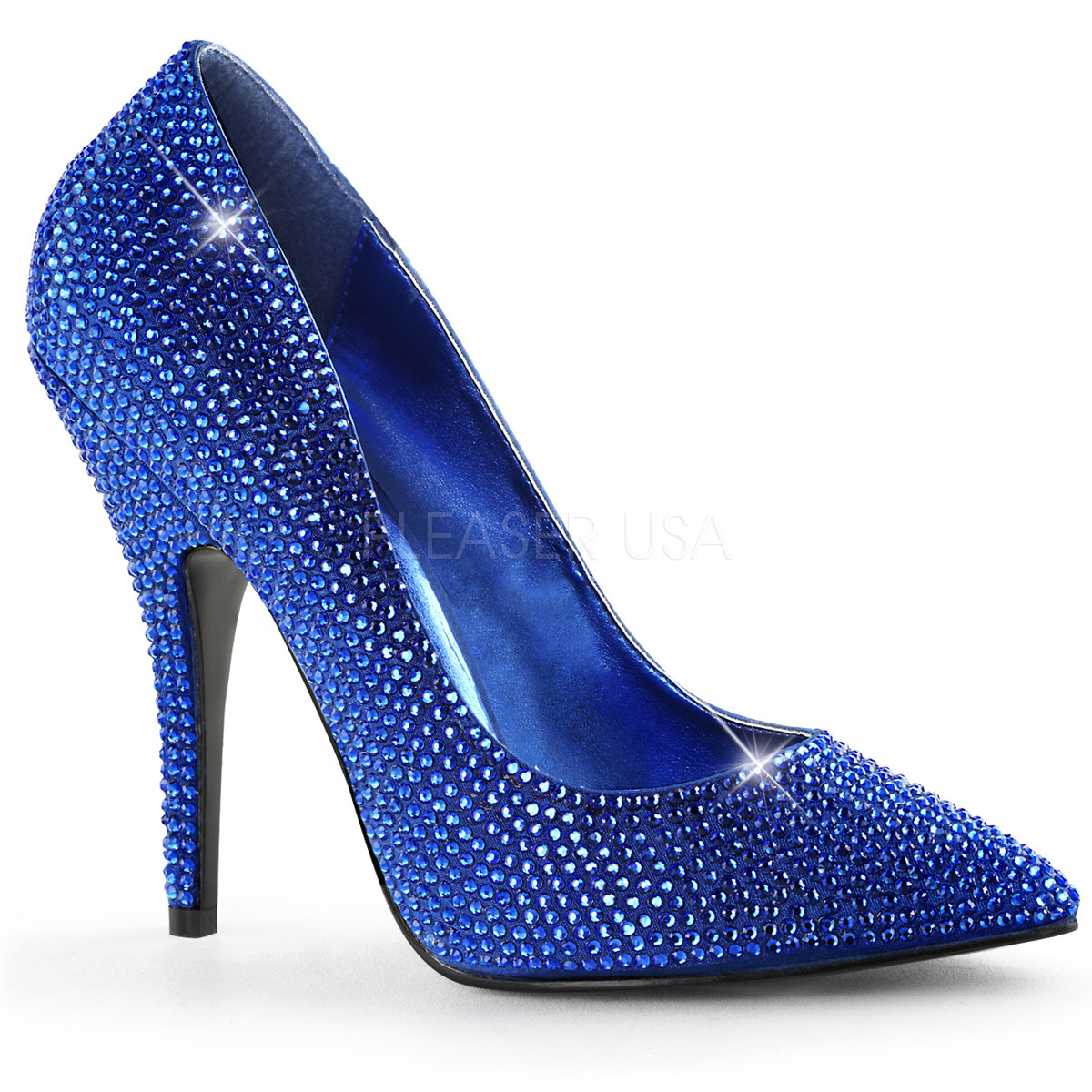 Royal Blue Rhinestone Single Sole Pump High Heels Satin - Women of Edm