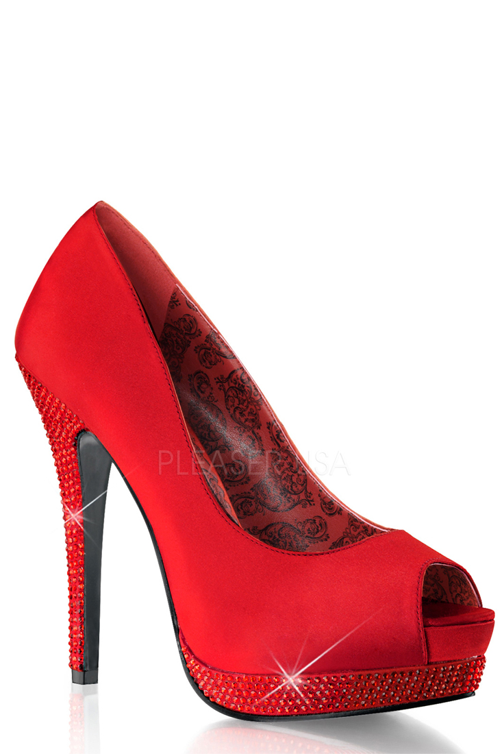 Red Peep Toe Rhinestone Platform Pump High Heels Satin - Women of Edm