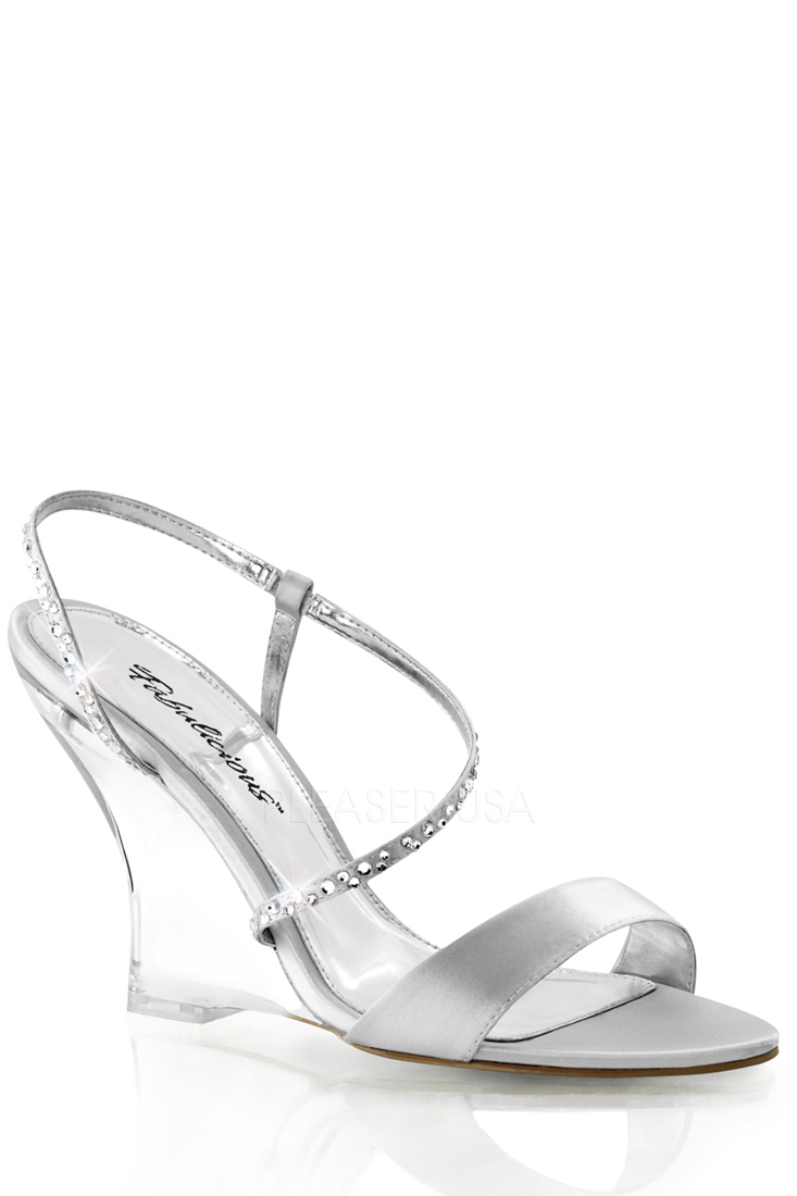 Silver Rhinestone Strappy Single Sole Wedges Satin - Women of Edm