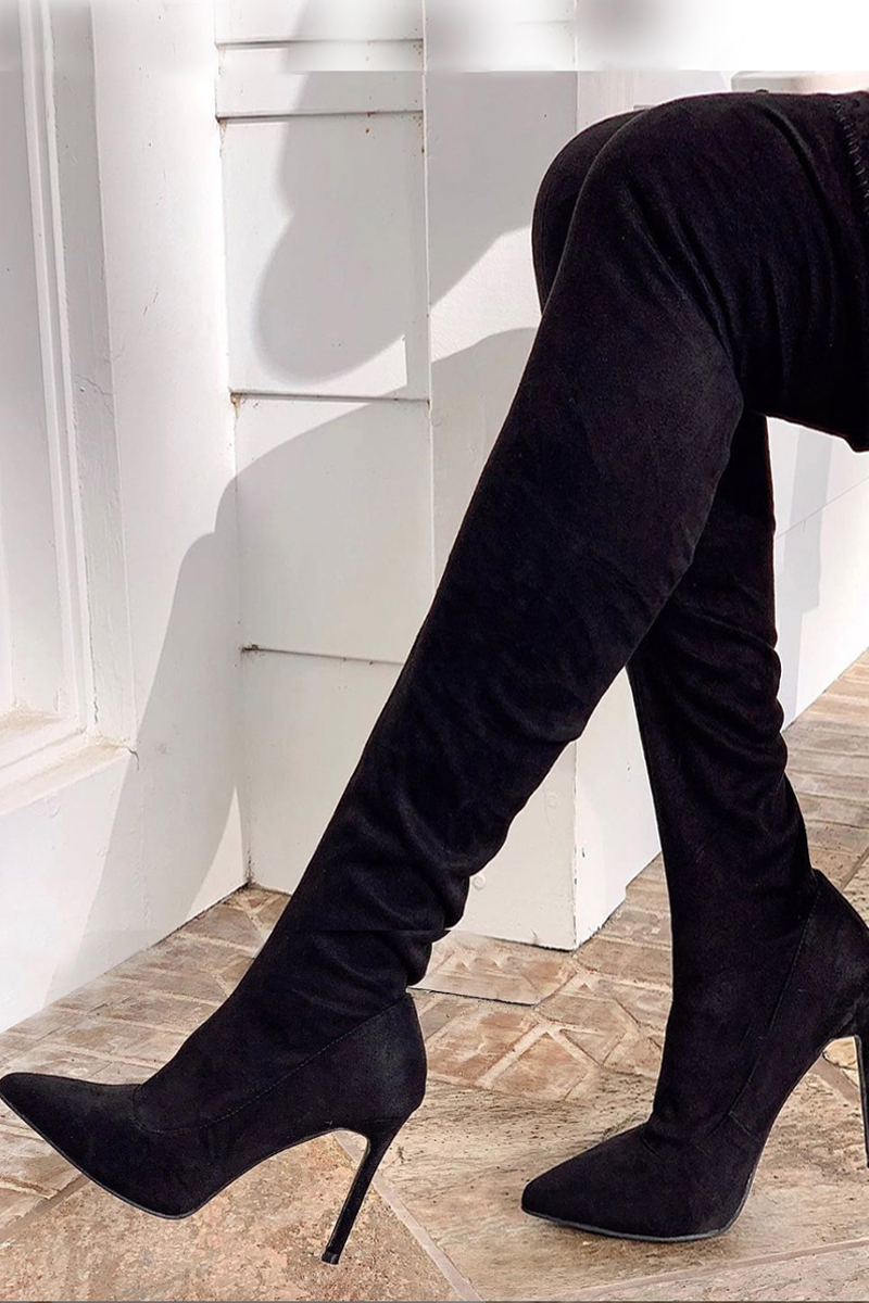 Sexy Black Faux Suede Pointy High Heel Thigh High Boots - Women of Edm